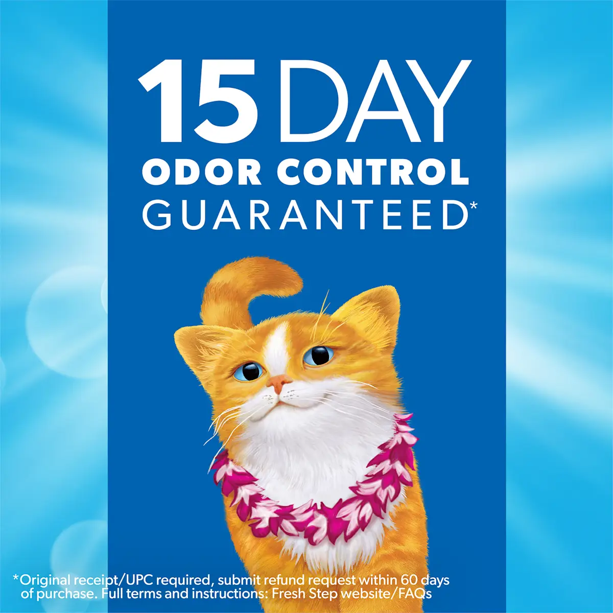 The words 15 Day Odor Control Guaranteed, an illustrated orange cat with a lei around its neck