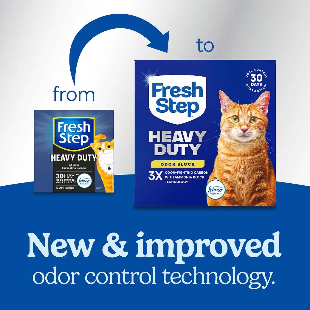 A box of Fresh Step Heavy Duty cat litter and a new box of the same litter showing how the litter packaging has changed