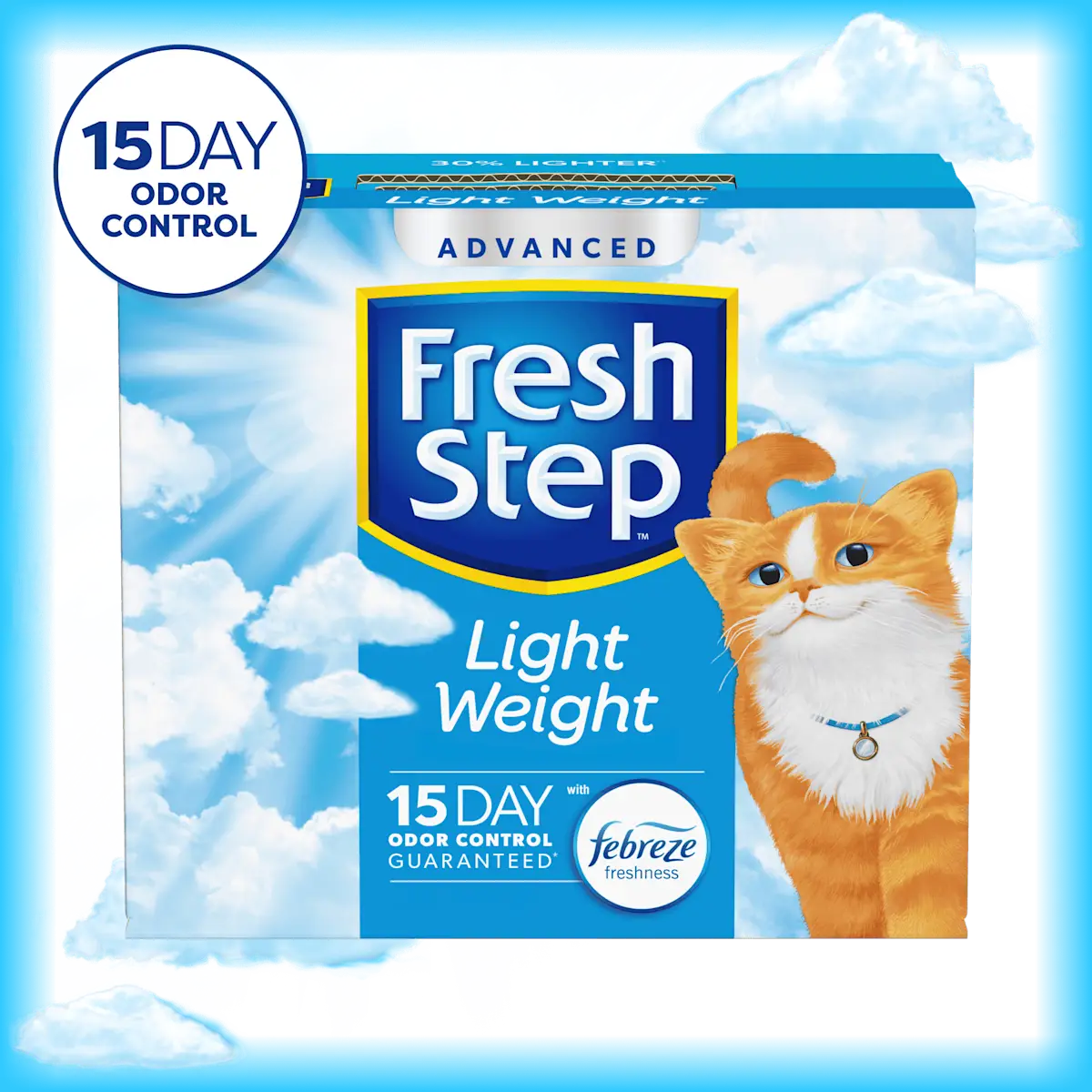 A box of Fresh Step cat litter Light Weight with 15 day odor control badge in the corner