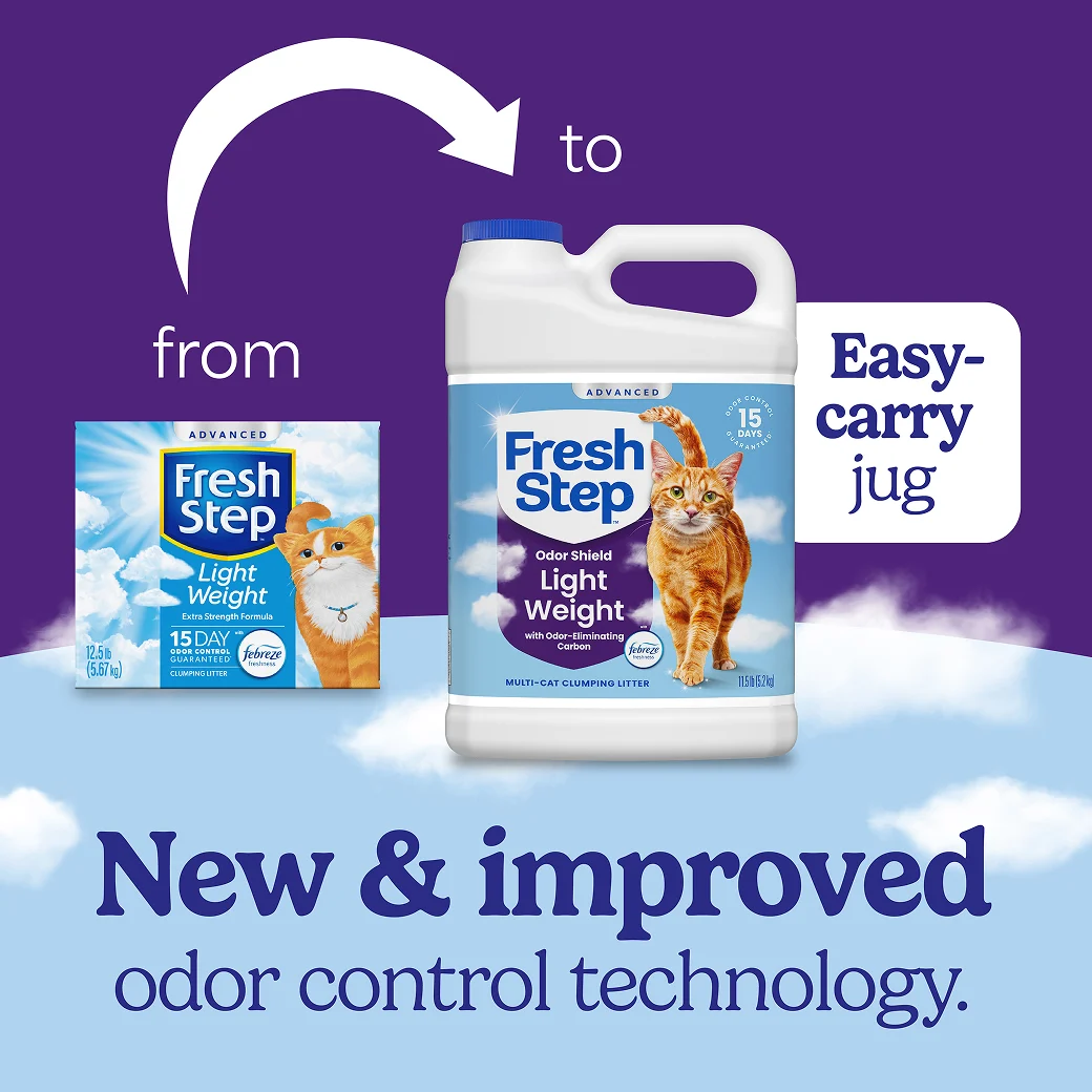 A box of Fresh Step Lightweight cat litter and a new jug of the same litter showing how the litter packaging has changed