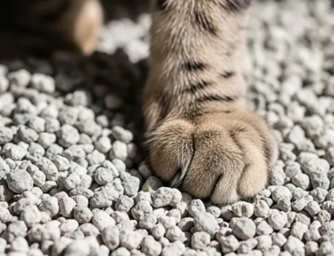 A cat paw scratching litter