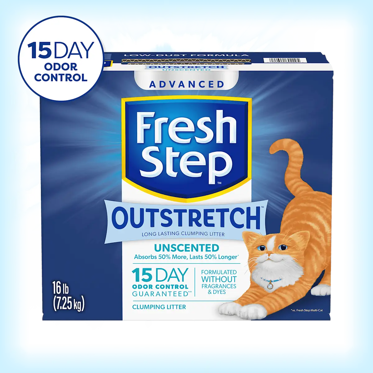 A box of Fresh Step Outstretch cat litter unscented with 15 day odor control badge in the corner