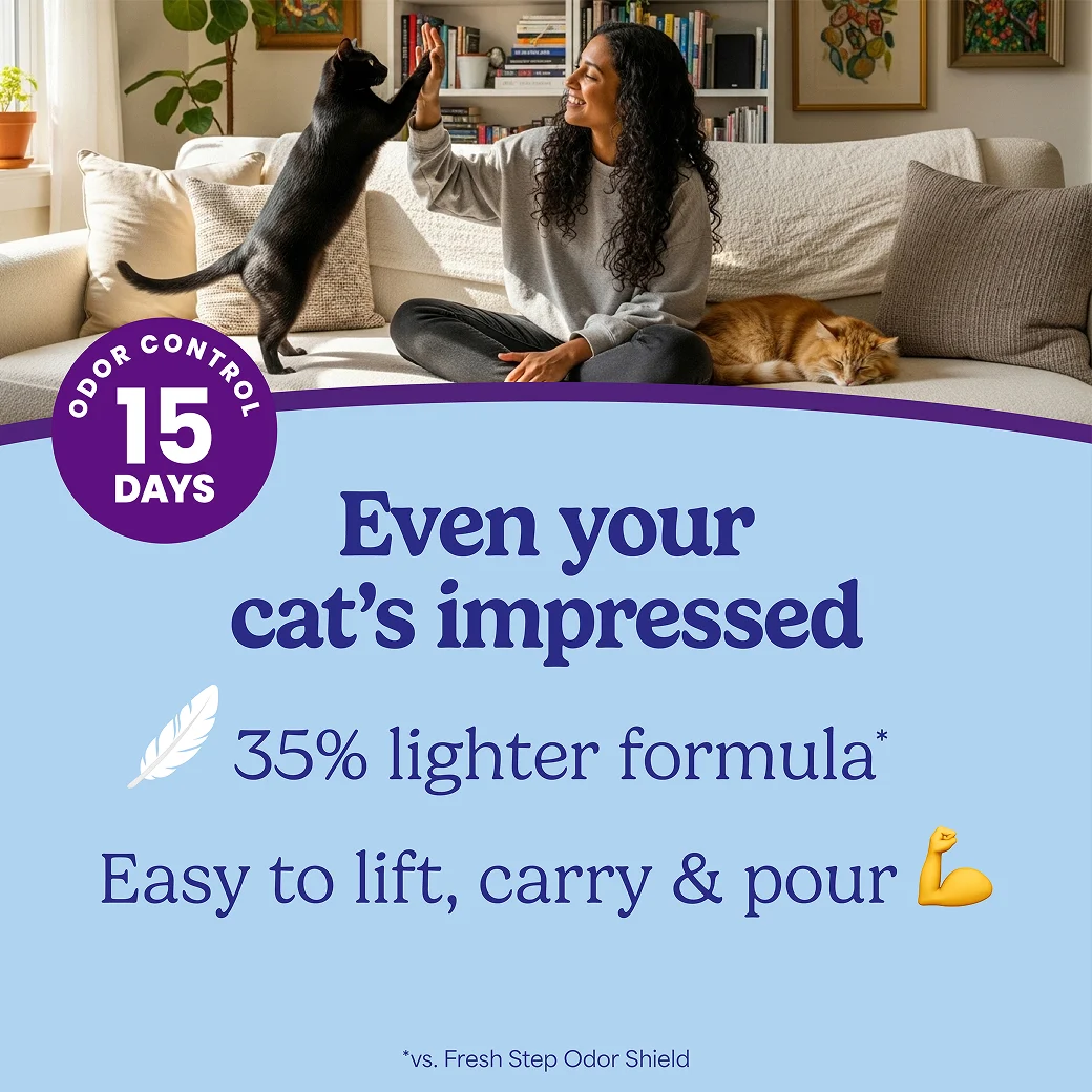 A woman playing with her cat in a a living room. The words "Even your cat's impressed" regarding the 35% lighter formula.