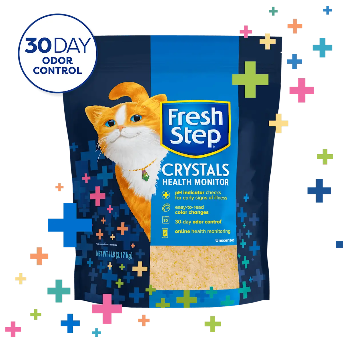 A bag of Fresh Step Crystals Health Monitor with multiple colored crosses and a 30 day odor control badge in the corner