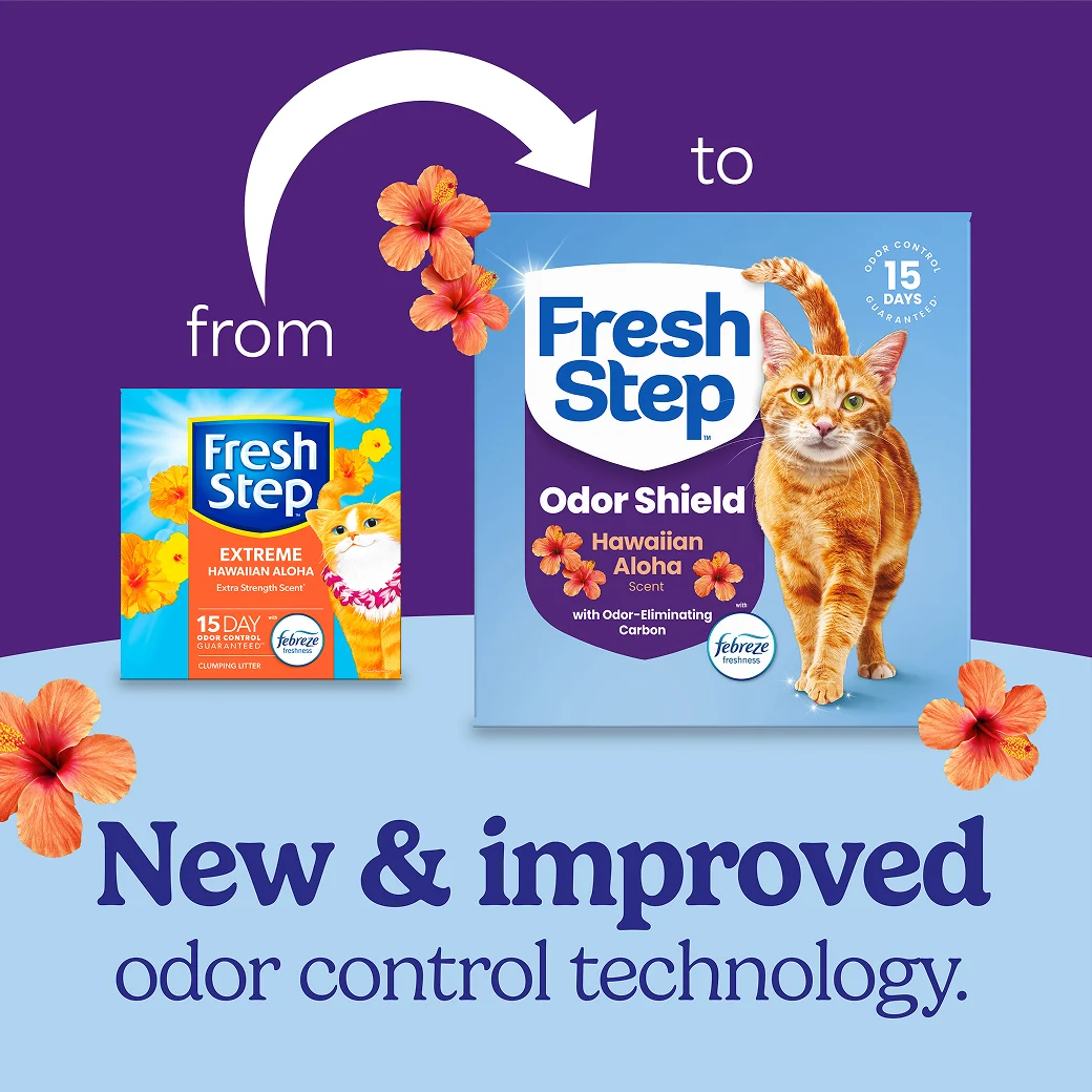 A box of Fresh Step Hawaiian Aloha cat litter and a new jug of the same litter showing how the litter packaging has changed