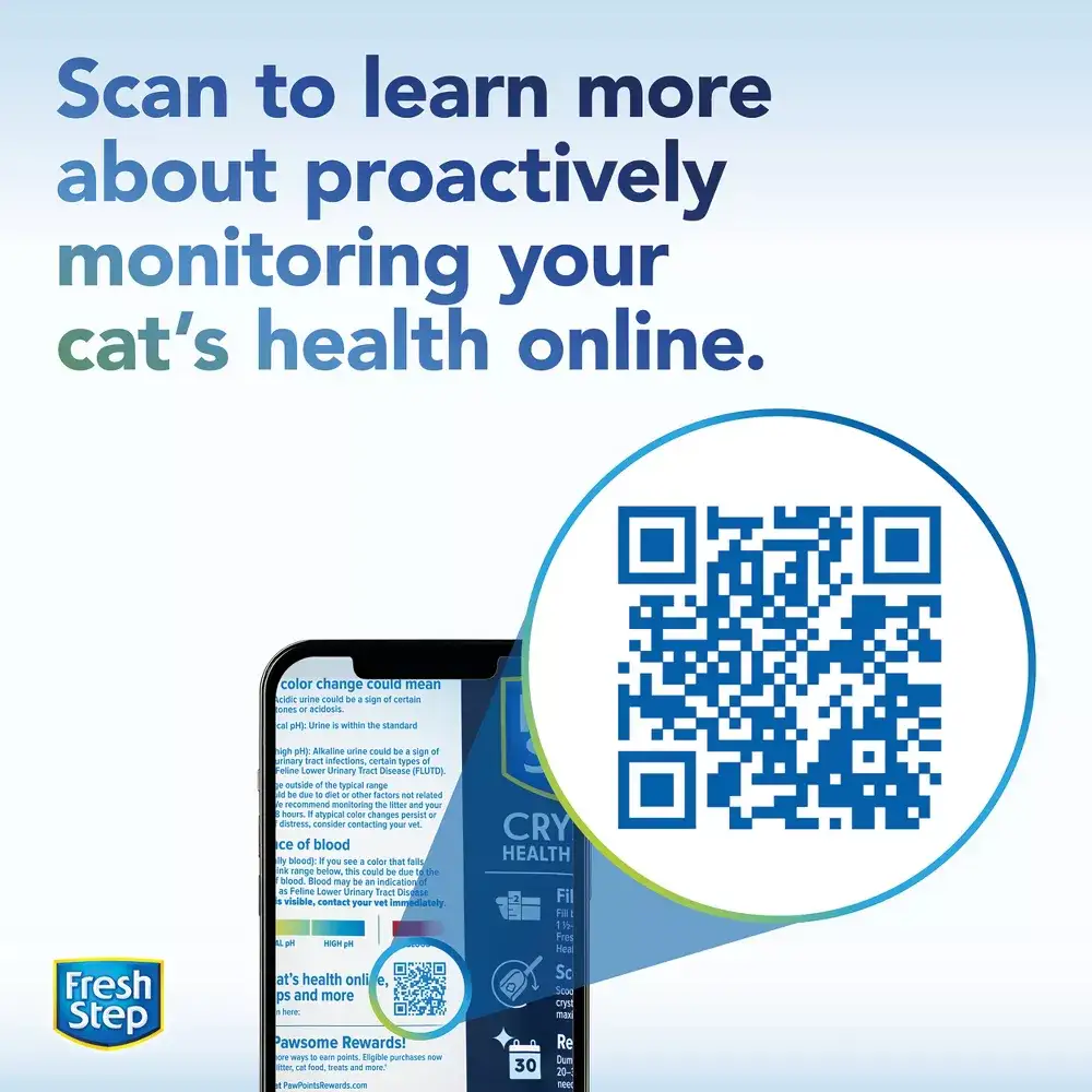 Scan to learn more about proactivley monitoring your cat's health online, a QR code to scan