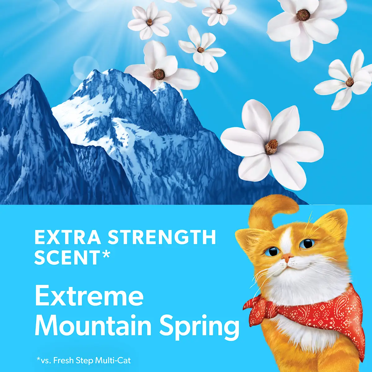 Extra Strength Scent Extreme Mountain Spring, a mountain with white flowers floating around and an orange cat with a bandana on