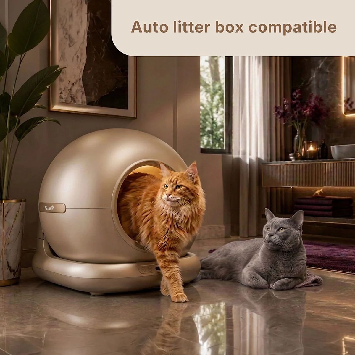 Orange and gray cats beside an automatic litter box in a modern room