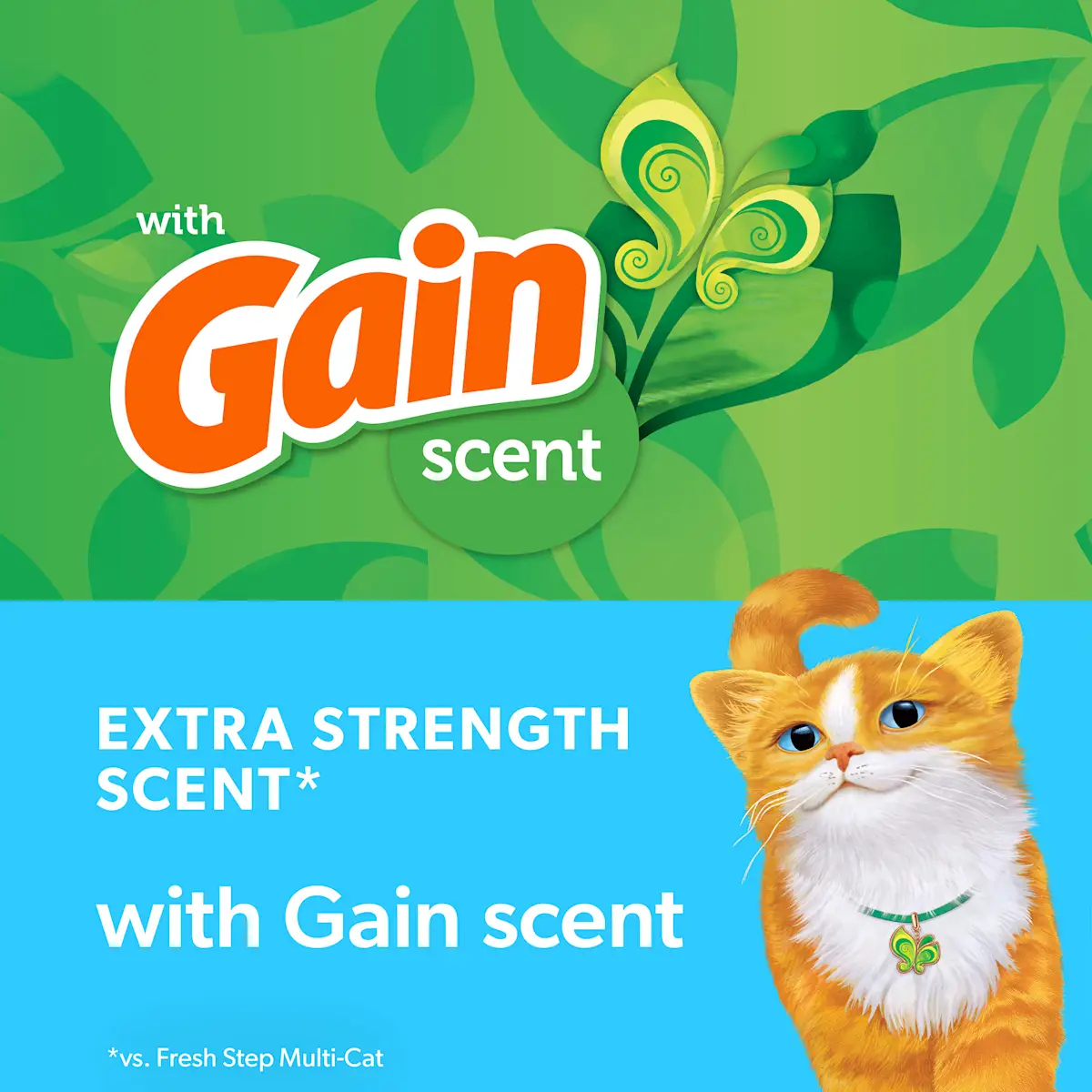 Extra Strength Scent with Gain scent, green background with flowers floating around and an orange cat