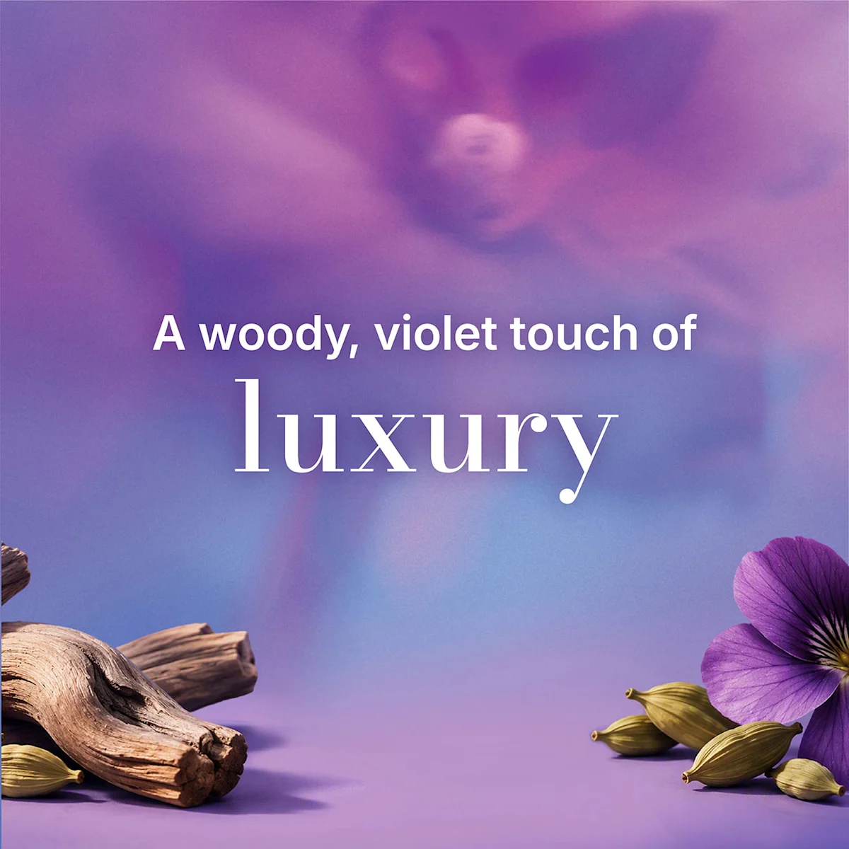 Woody violet fragrance with purple flowers and wood against a soft purple background