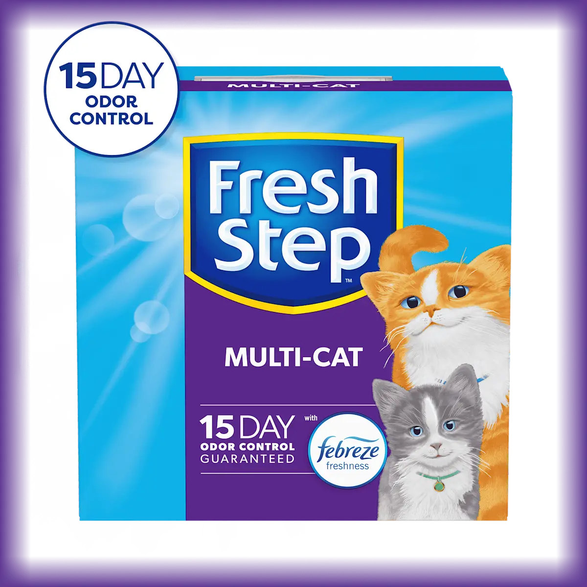 A box of Fresh Step cat litter for multiple cats with a 15 day odor control badge in the corner