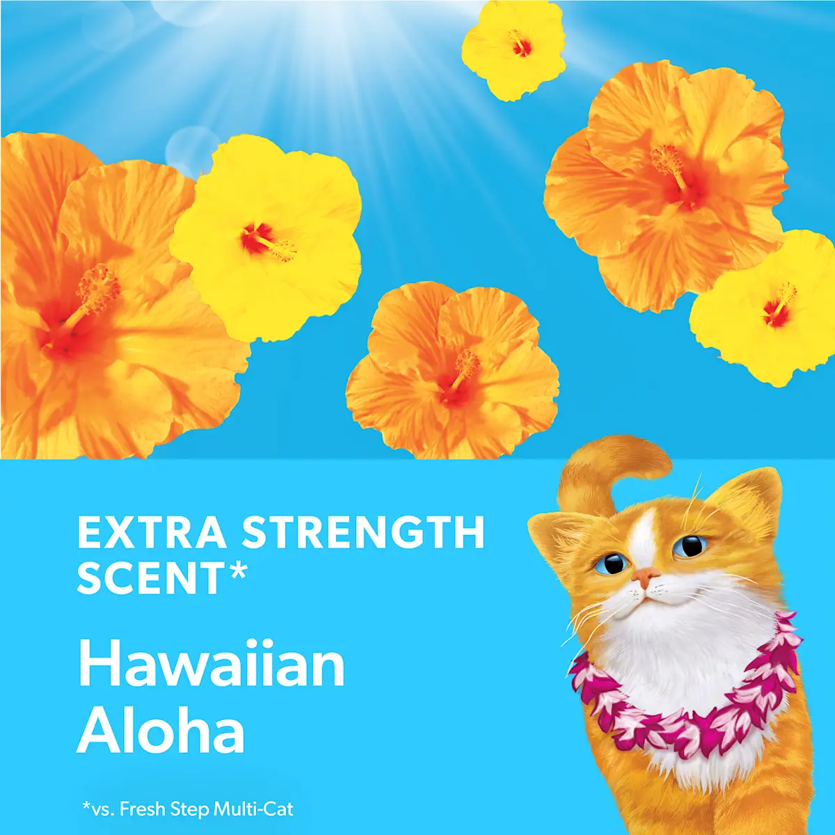 The words Extra Strength Scent Hawaiian Aloha, hibiscus flowers, an orange cat with a lei around its neck