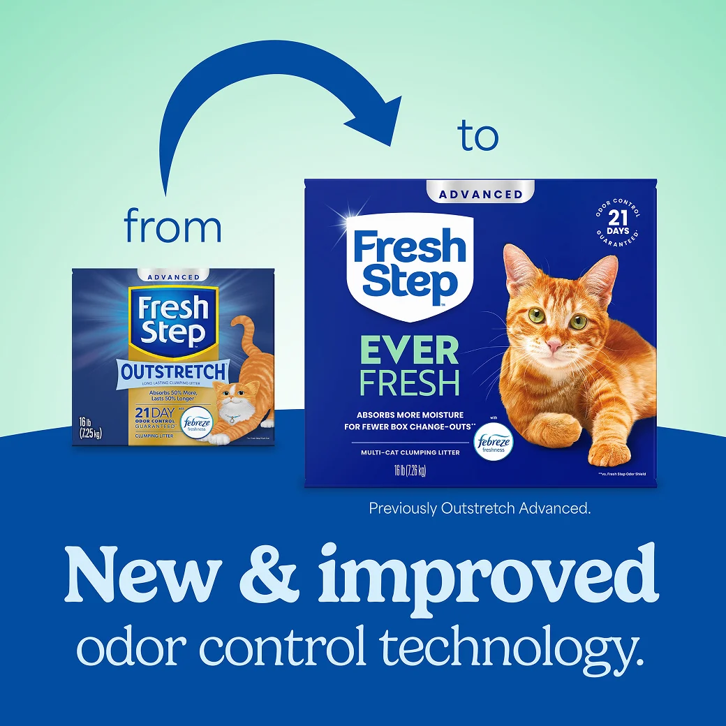 A box of Fresh Step Ever Fresh Advanced cat litter and a new box of the same litter showing how the litter packaging has changed
