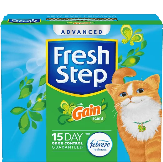 A box of Fresh Step cat litter with Gain scent