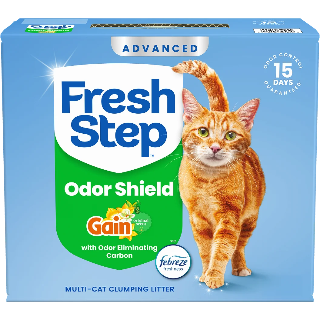 A box of Fresh Step Odor Shield Gain Advanced cat litter