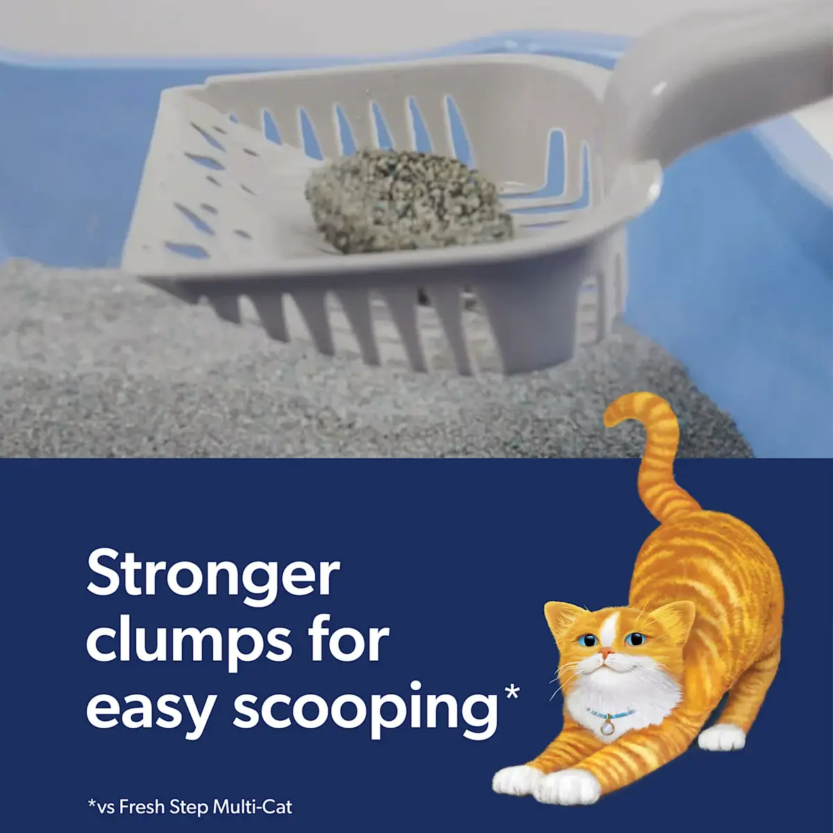 Stronger clumps for easy scooping, a litter scoop and an orange cat stretching in the foreground