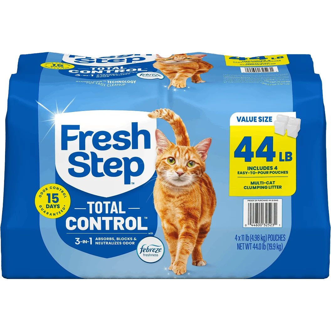 A 44 lb package of Fresh Step Total Control cat litter