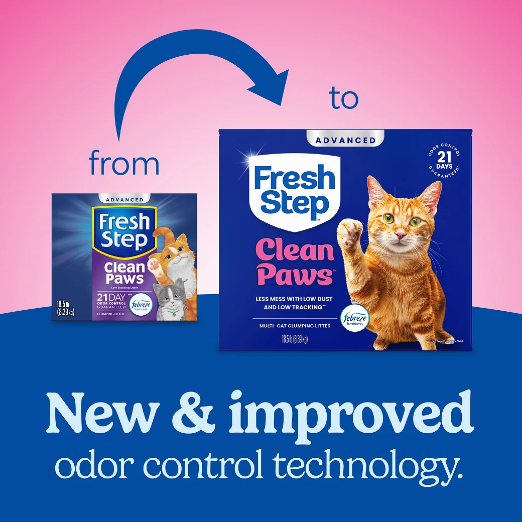 A box of Fresh Step Clean Paws Advanced cat litter and a new box of the same litter showing how the litter packaging has changed