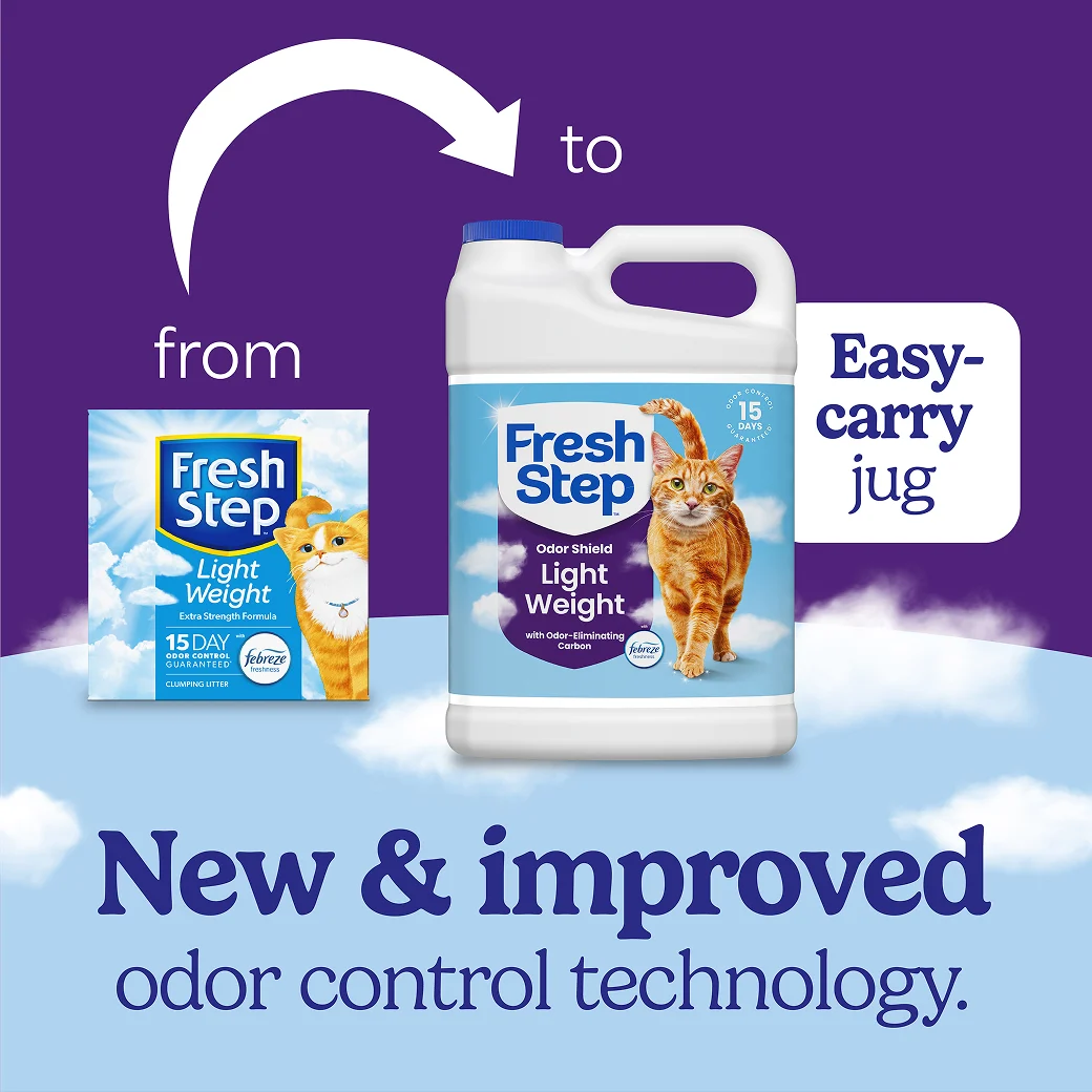 A box of Fresh Step Light Weight cat litter and a new jug of the same litter showing how the litter packaging has changed