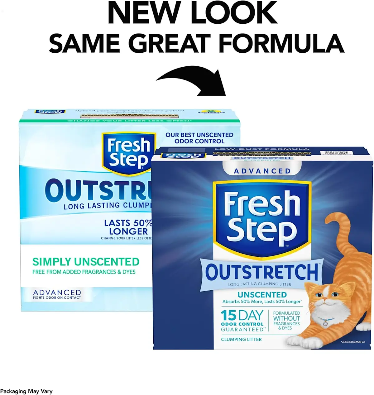 New Look, Same great formula: showing comparison of old Outstretch packaging to new