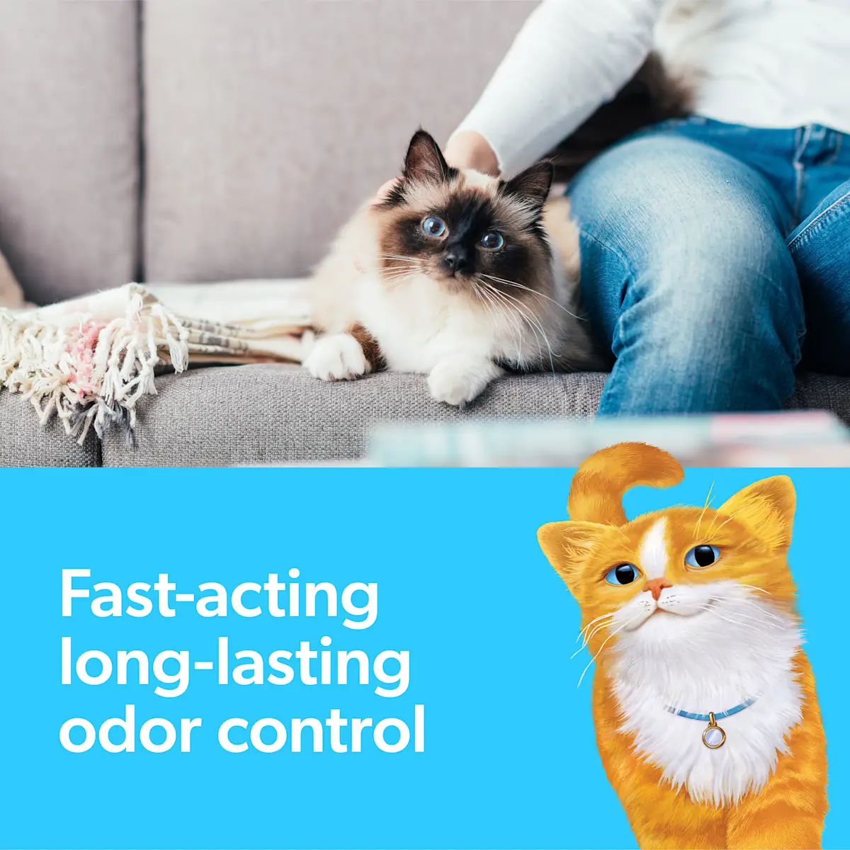 Fast-acting, long-lasting odor control, a person sitting on a couch next to a cat, an illustrated orange cat in the foreground