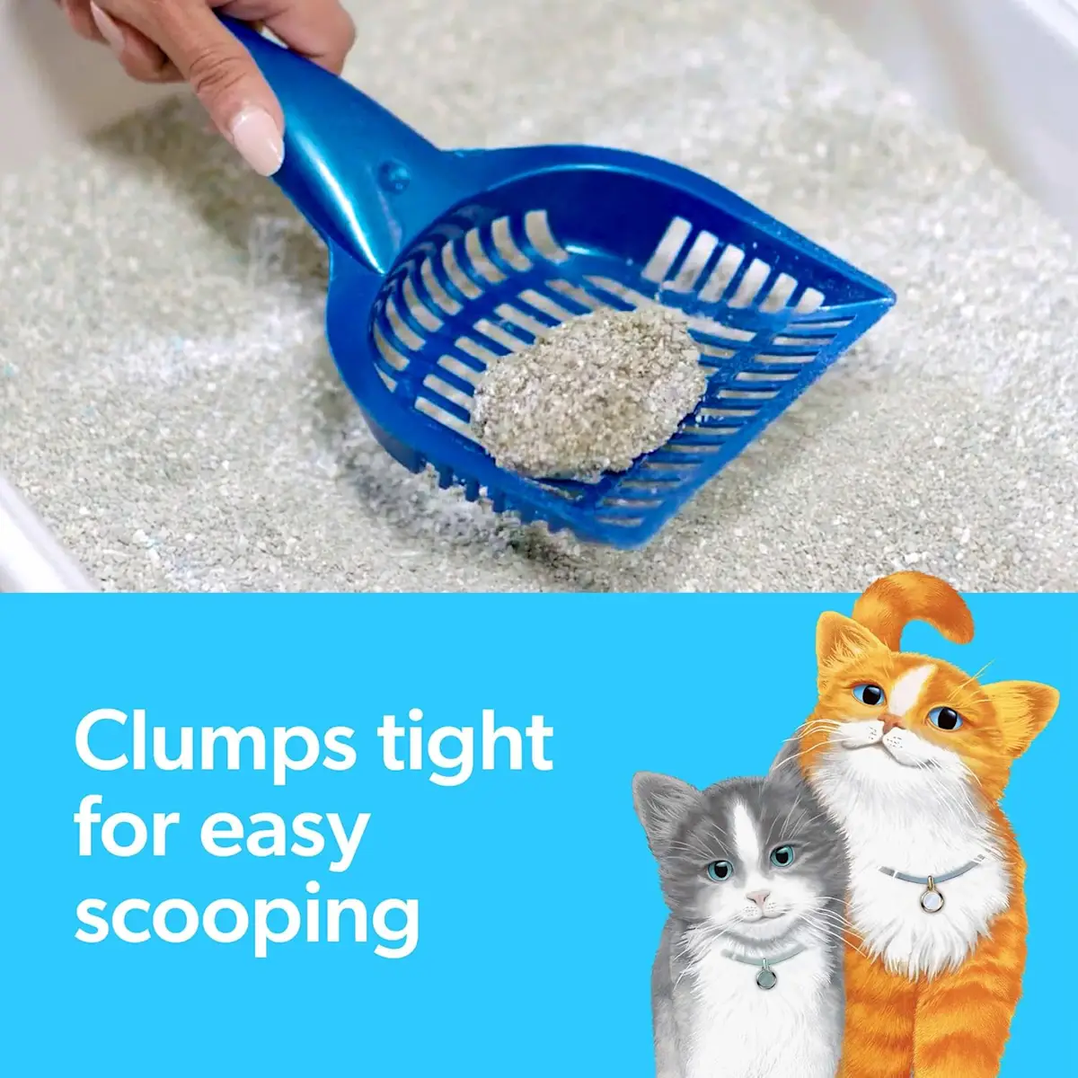 Clumps tight for easy scooping, a litter scooper and two illustrated cats in the foreground