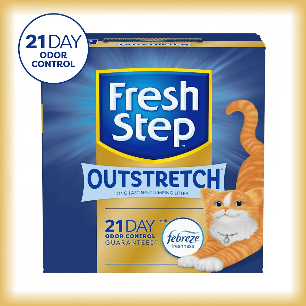 A box of Fresh Step Outstretch cat litter with a 21 day odor control guarantee badge