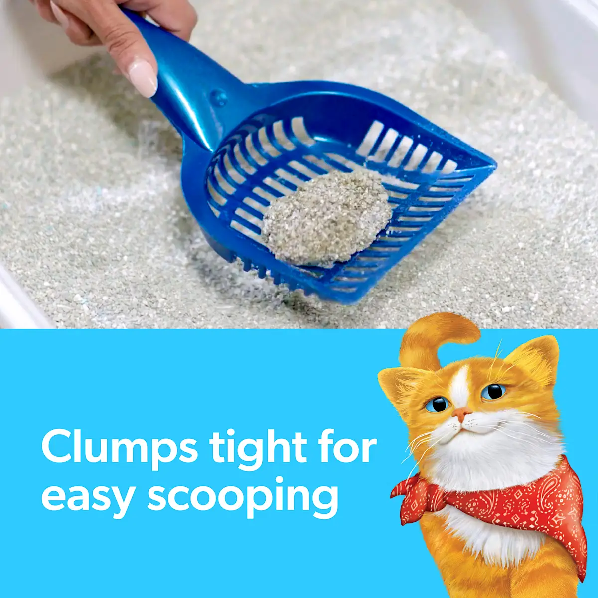 Clumps tight for easy scooping, a litter scooper and an orange cat with a bandana on