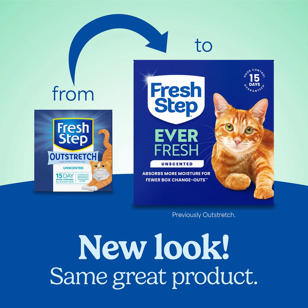 A box of Fresh Step Ever Fresh Unscented cat litter and a new box of the same litter showing how the litter packaging has changed