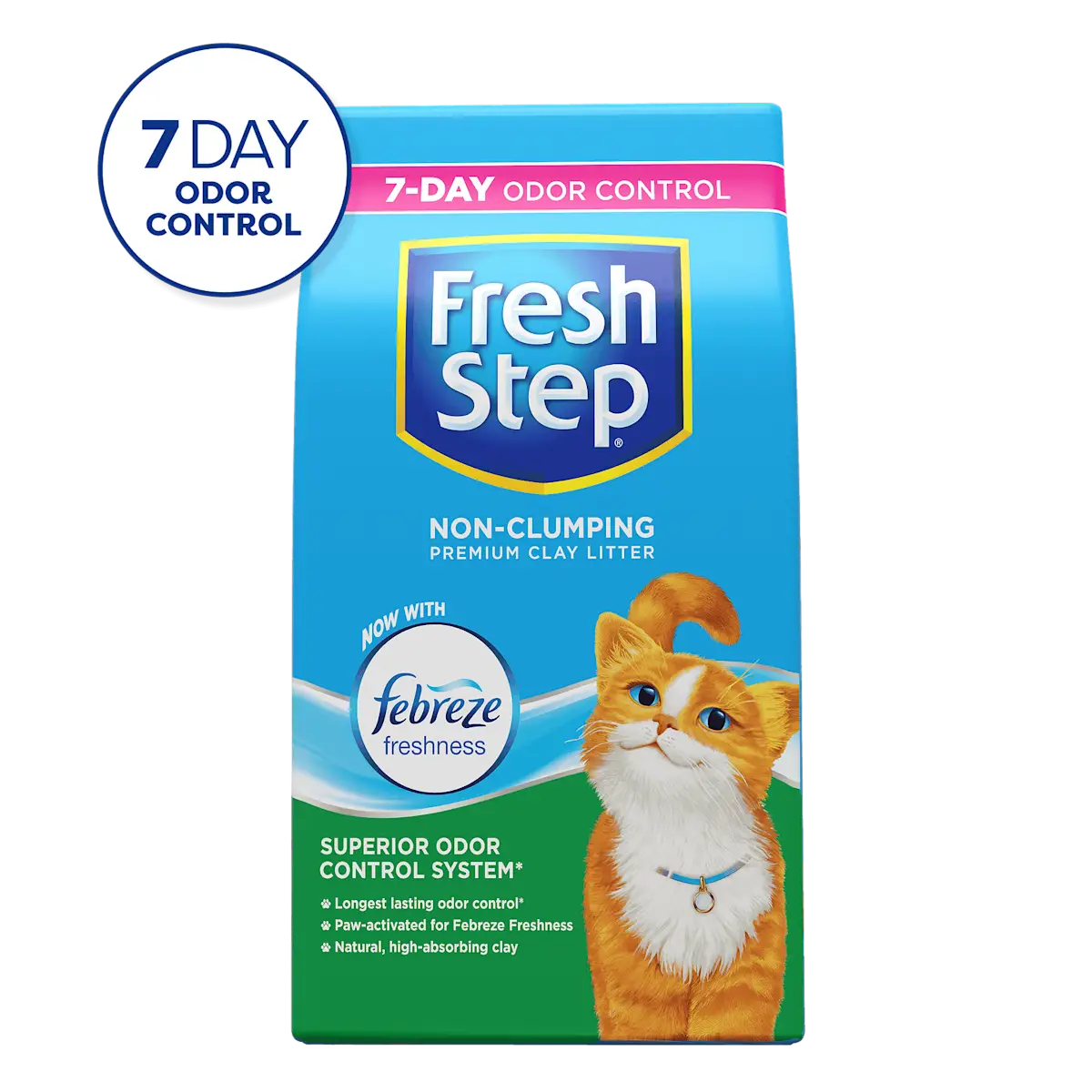A bag of Fresh Step Non-Clumping cat litter with the badge 7 day odor control in the corner