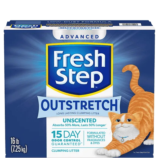 A box of Fresh Step Outstretch cat litter unscented