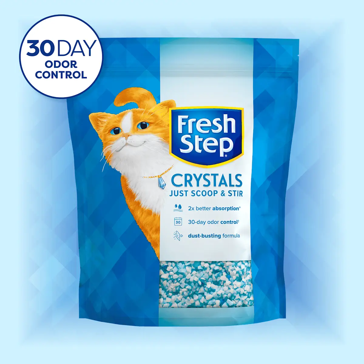 Fresh Step Crystals bag of cat litter with 30 day odor control badge