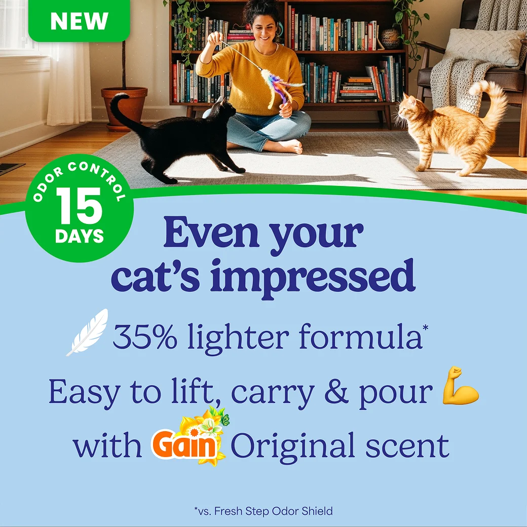 A woman playing with her cat in a a living room. The words "Even your cat's impressed" regarding the Gain scent and light weight.