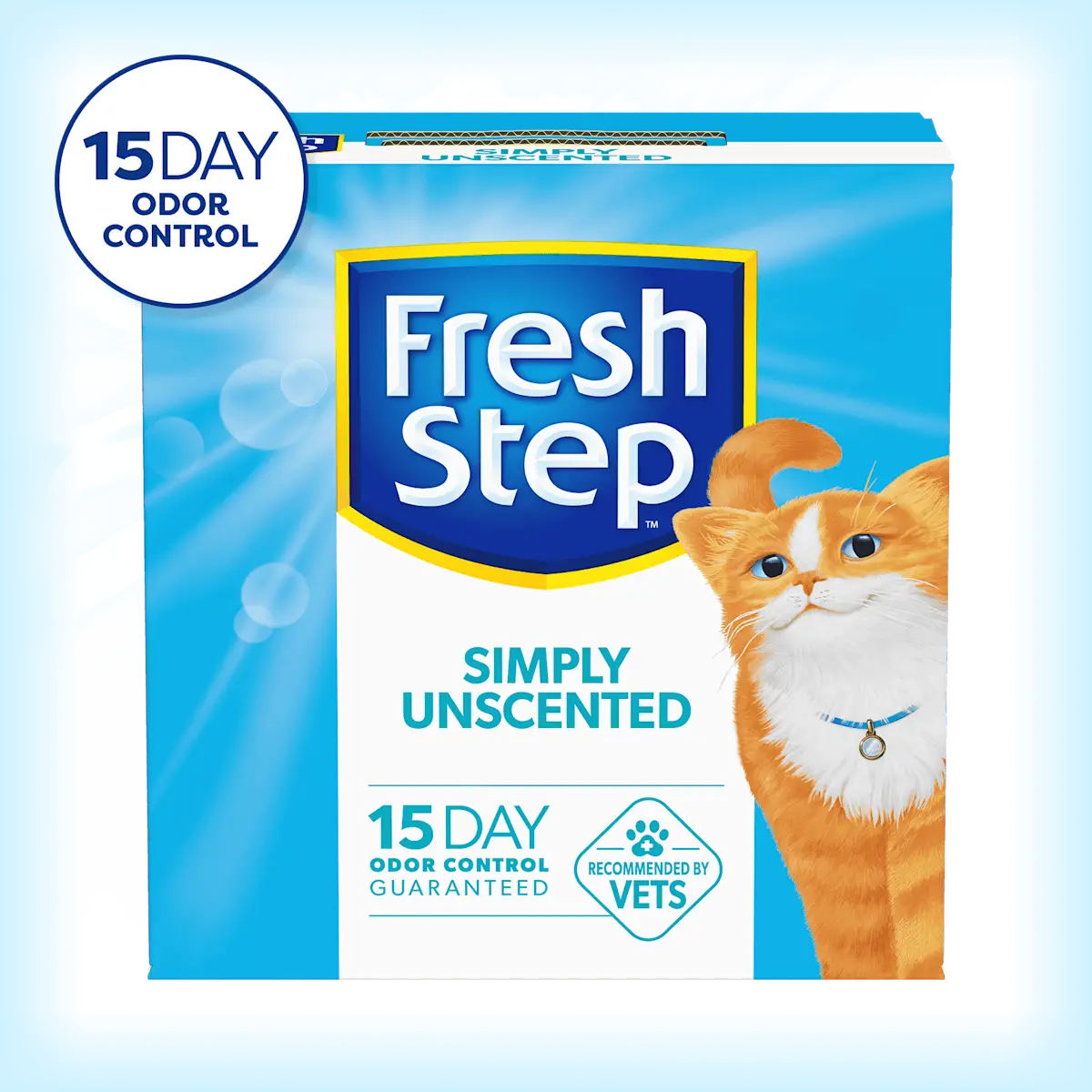A box of Fresh Step Simply Unscented cat litte with a 15 day odor control badge in the corner
