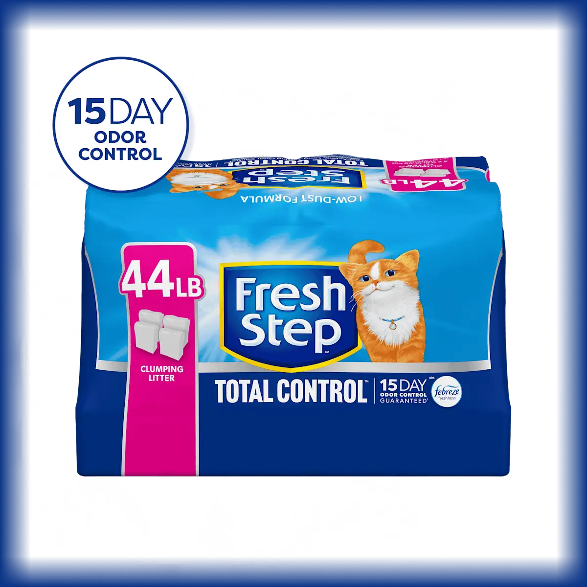 A package of Fresh Step Total Control cat litter with a 15 day odor control badge in the corner