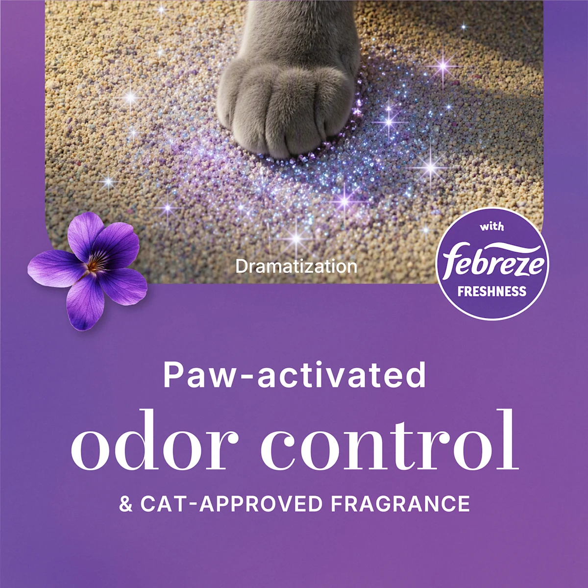 Cat paw stepping on litter with sparkling odor control and Febreze freshness