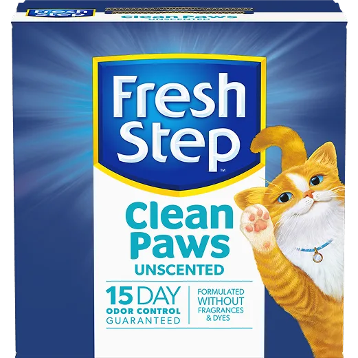 A box of Fresh Step Clean Paws cat litter unscented