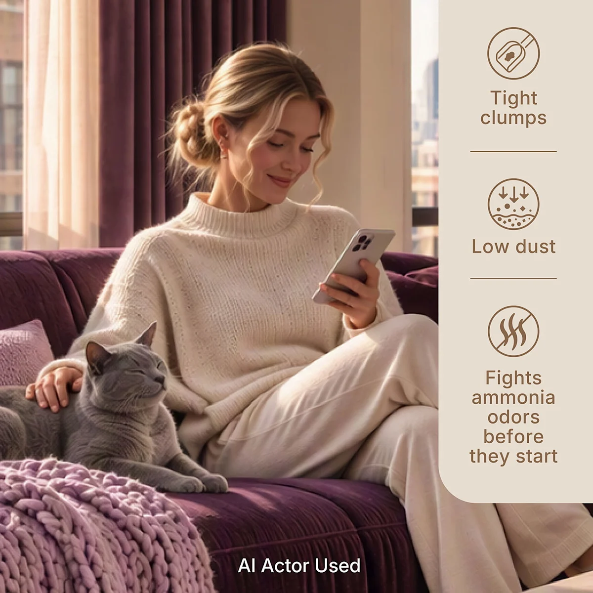 Person sitting with a gray cat beside claims for tight clumps, low dust and ammonia odor control