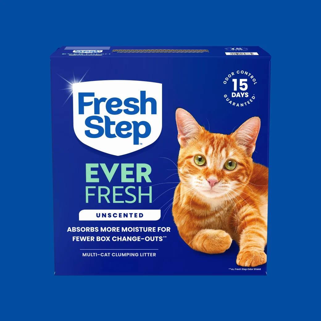 A box of Fresh Step Ever Fresh Unscented cat litter on a blue background