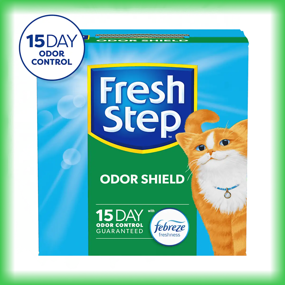 A box of Fresh Step cat litter with Odor Shield, 15 day odor control badge in corner