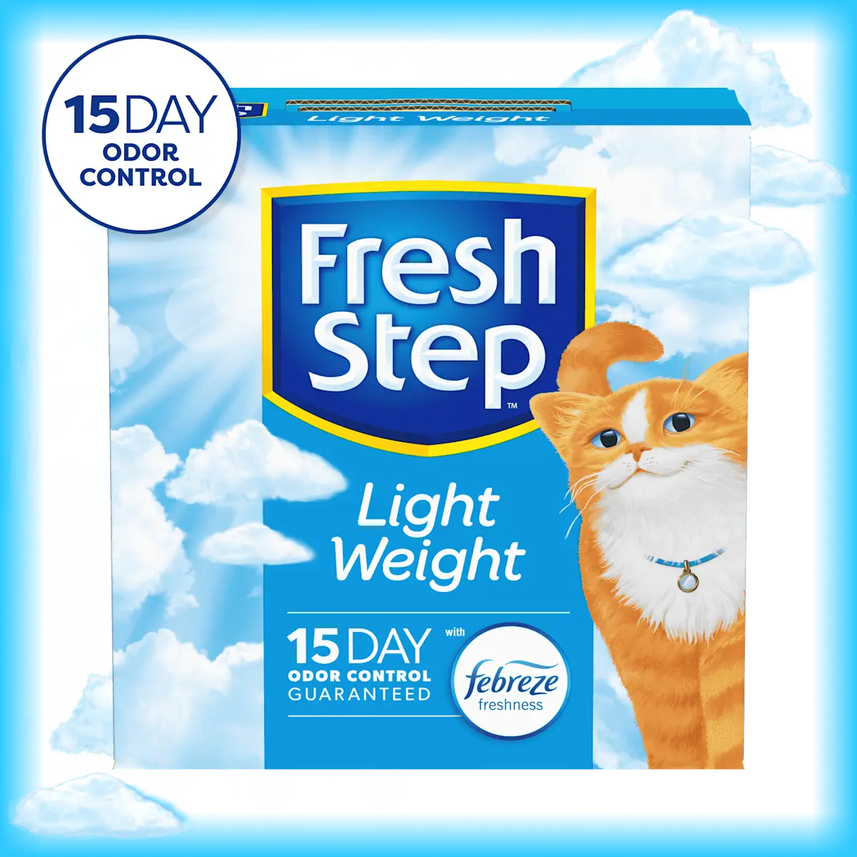 A box of Fresh Step Light Weight cat litter with the badge 15 day odor control