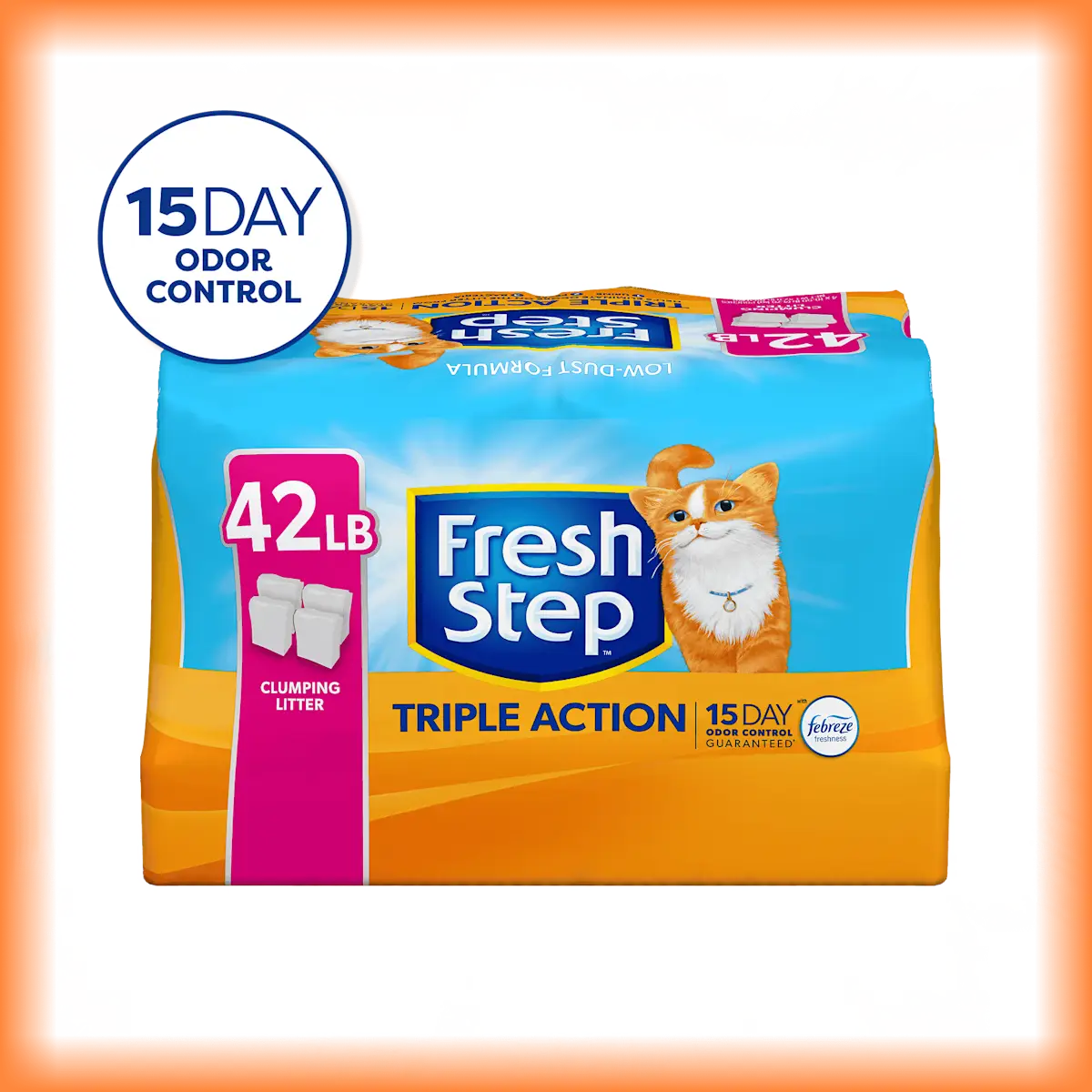Fresh Step Triple Action package of 4 bags equalling 42 lb with 15 day odor control badge in the corner