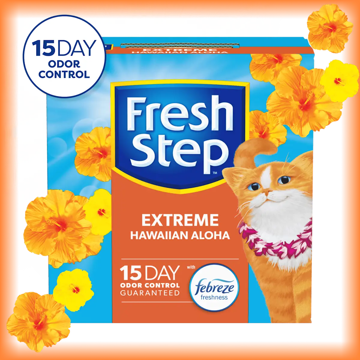 A box of Fresh Step Extreme Hawaiian Aloha with a 15 day odor control badge in the corner