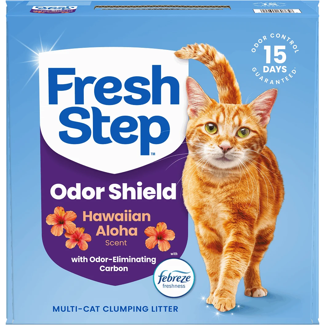 A box of Fresh Step Odor Shield Hawaiian Aloha cat litter