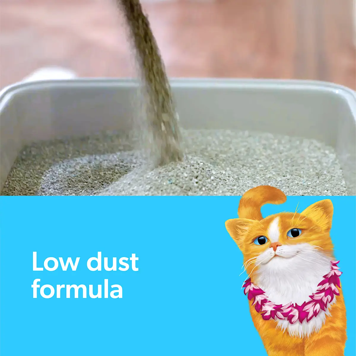 The words low dust formula, cat litter pouring into a litter box and an orange cat with a lei around its neck