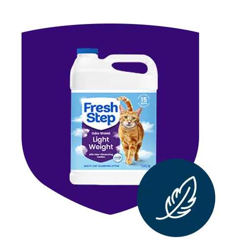 A jug of light weight odor shield cat litter in a purple shield