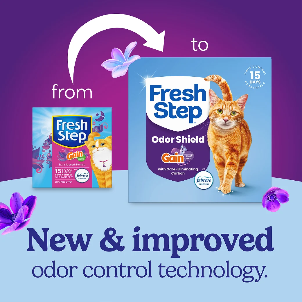 A box of Fresh Step Gain Moonlight Breeze cat litter and a new jug of the same litter showing how the litter packaging has changed