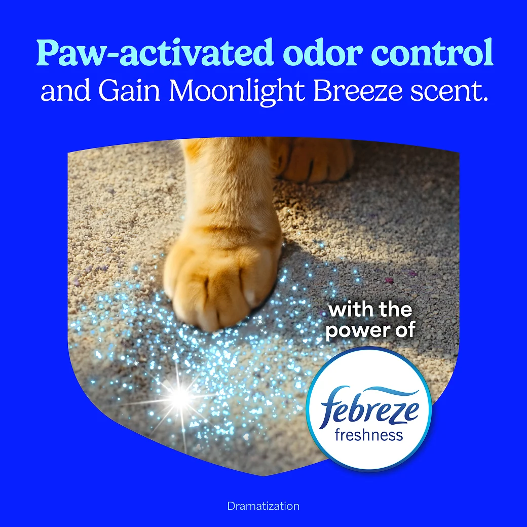 A cat scratching at cat litter and the words "Paw-activated odor control"
