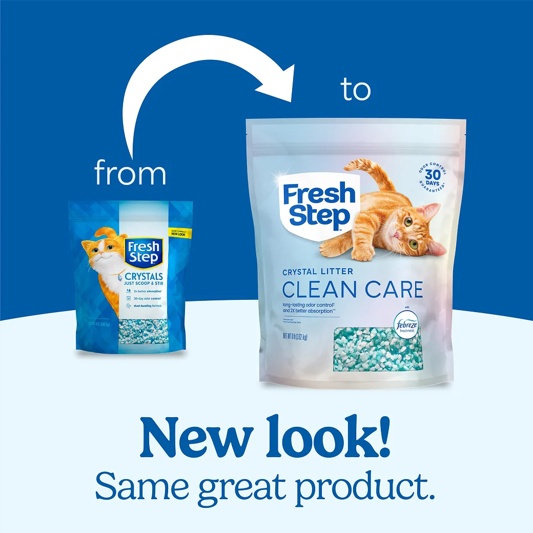 A pouch of Fresh Step Clean Care crystals and a new pouch of the same litter showing how the litter packaging has changed