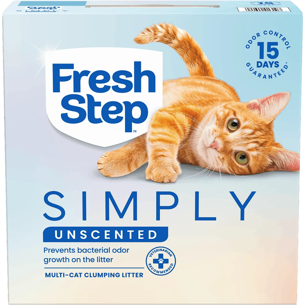 A box of Fresh Step Simply Unscented cat litte